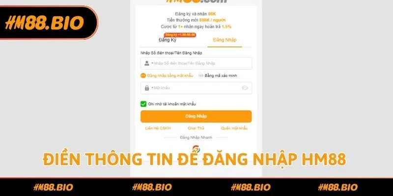 Điền thông tin để đăng nhập HM88 đơn giản