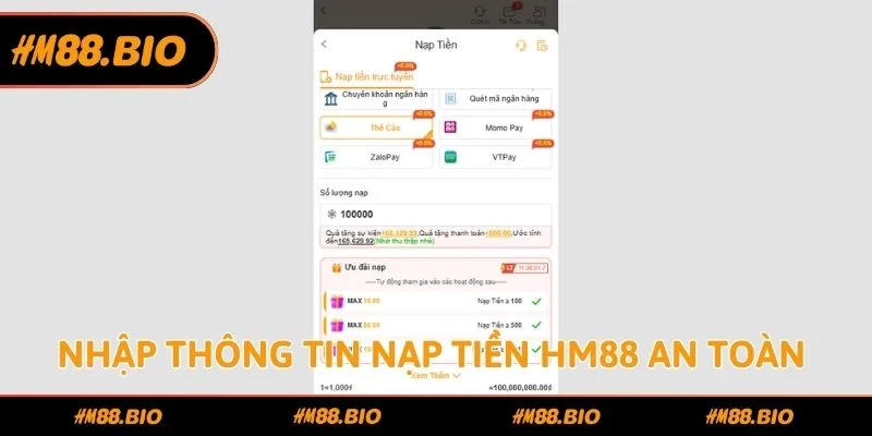 Nhập thông tin nạp tiền HM88 an toàn cho bản thân
